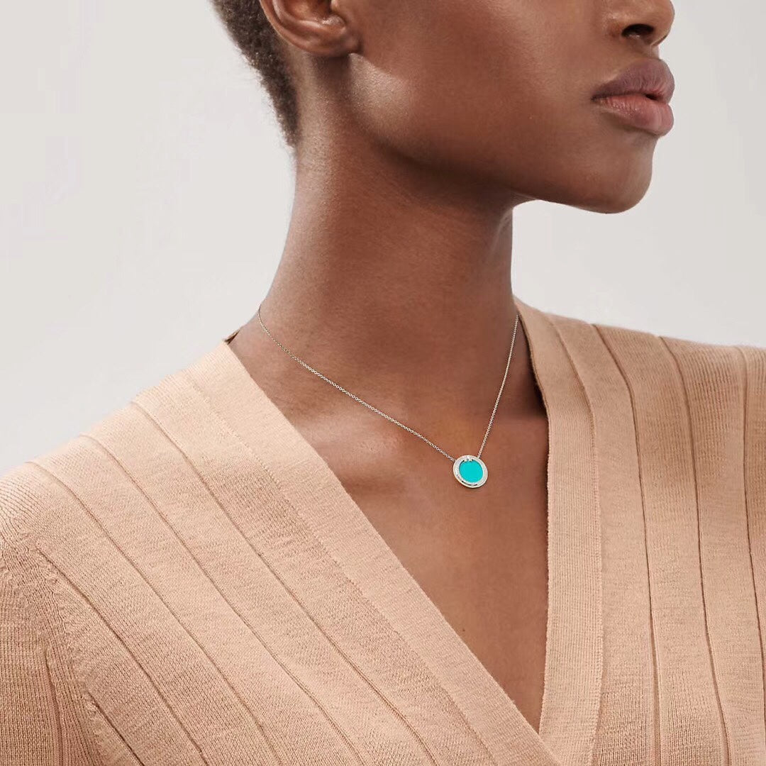 Tiffany Diamond & Turquoise Circle Pendant Necklace