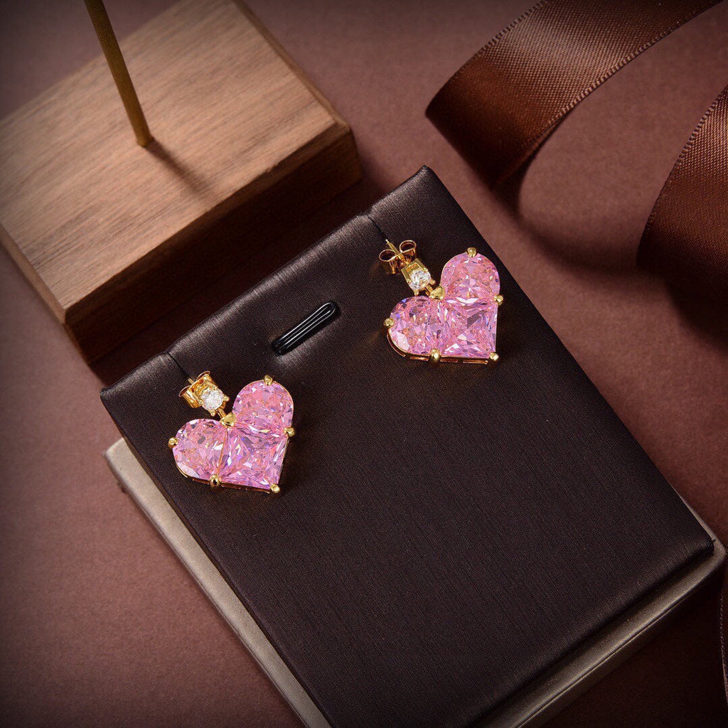 Celine Triomphe Pink Crystal Heart Earrings - 18K Yellow Gold
