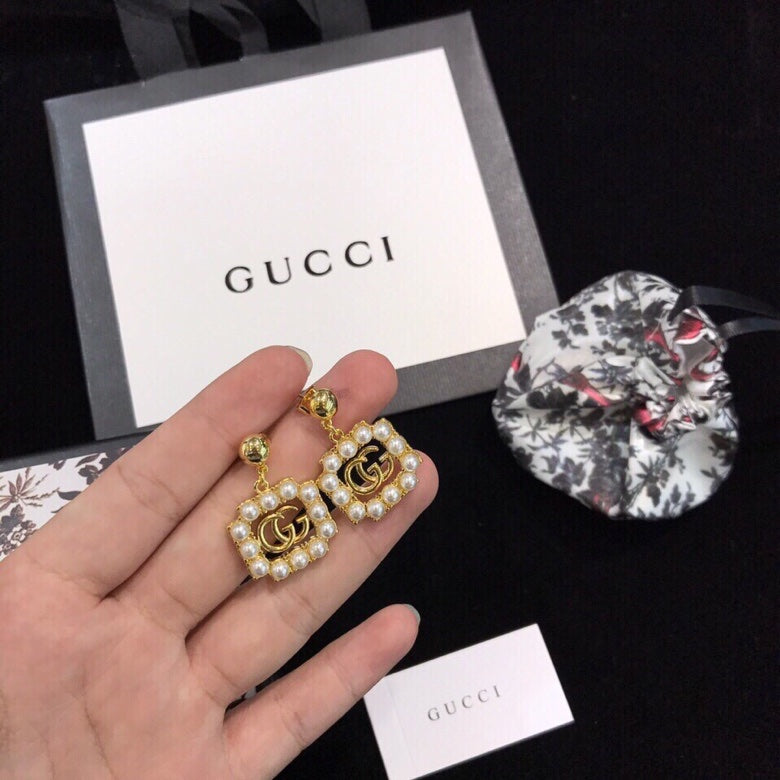 Gucci Double G Square Pearl Earrings - 18K Yellow Gold