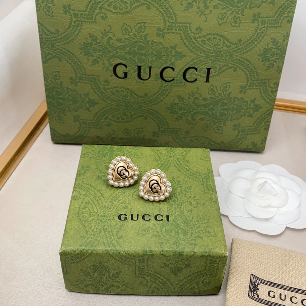 Gucci Double G Heart Pearl Earrings - 18K Yellow Gold
