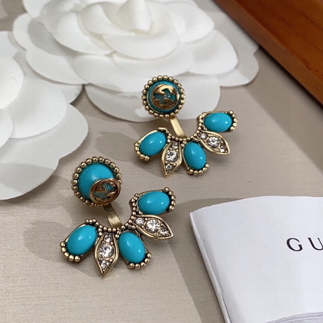 Gucci Double G Blue Flowers Earrings - 3.5 cm Height - 18K Yellow Gold