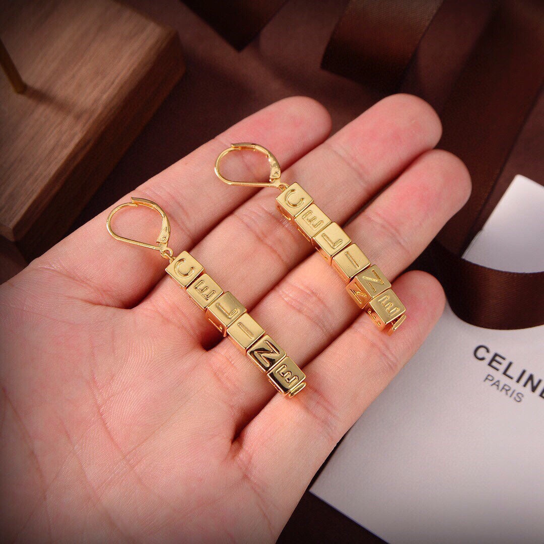 Celine Triomphe Script Cube Earrings - 18K Gold
