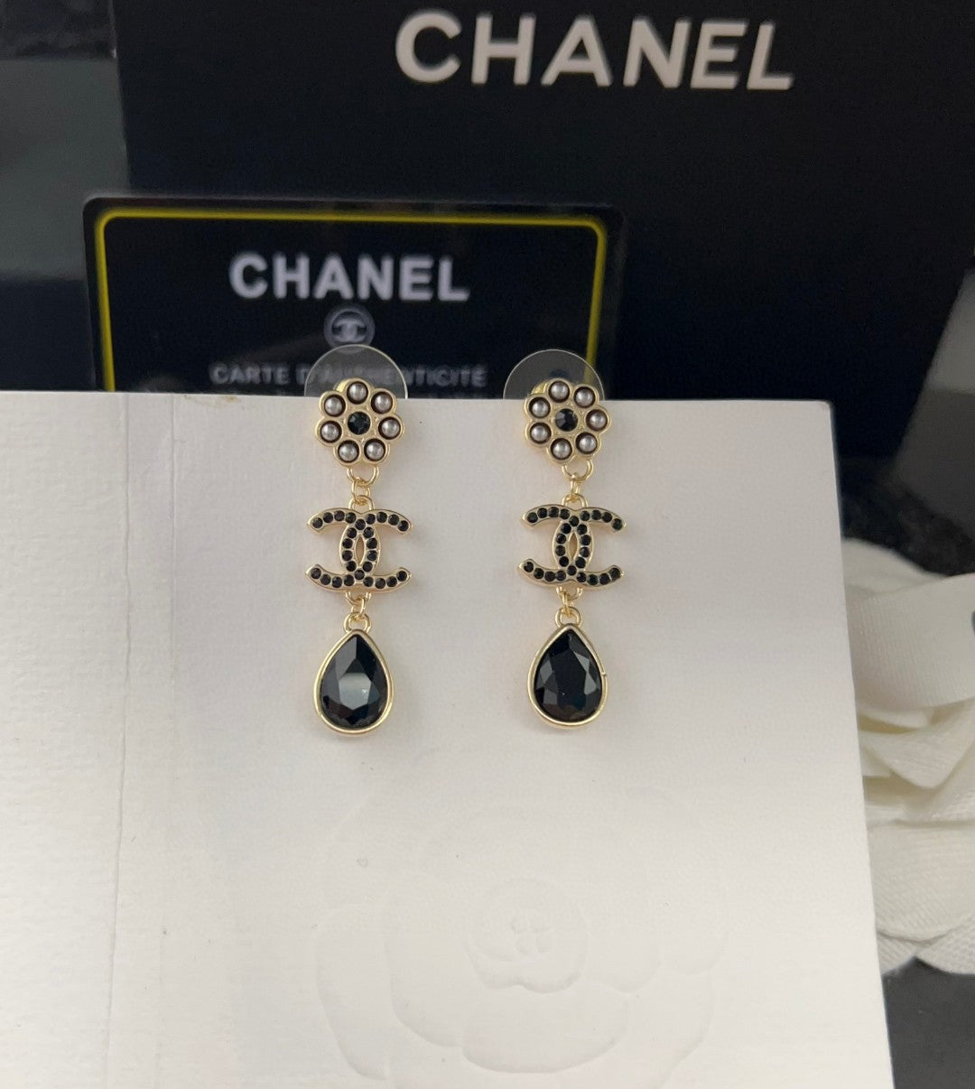 Chanel Black Crystal Earrings - 18K Yellow Gold