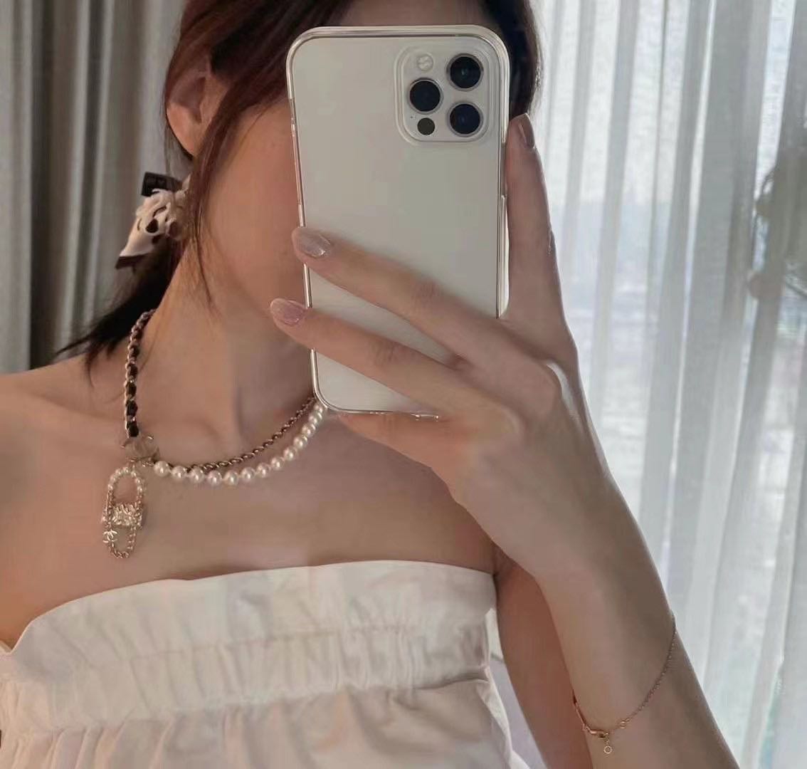 Chanel Pearl Leather Bag Pendant Necklace