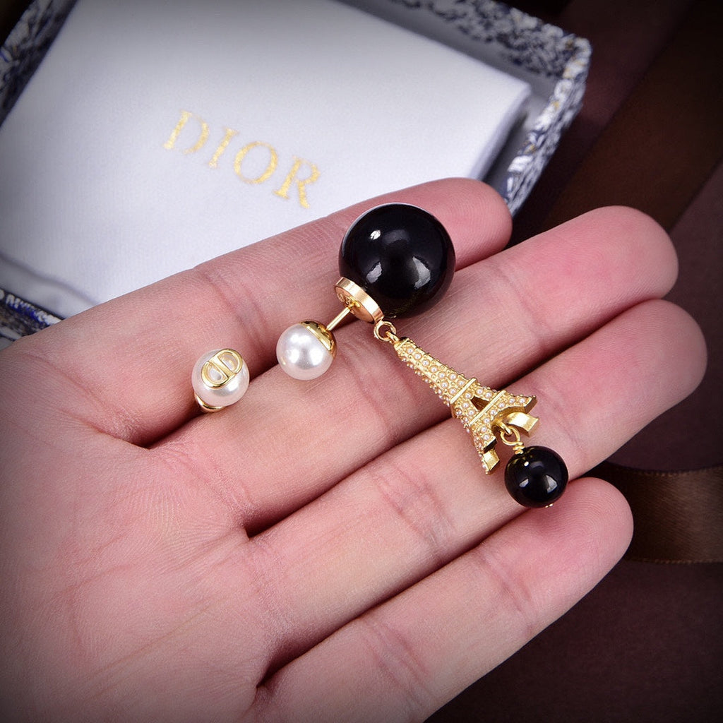 Dior Tribales Eiffel Tower Charm Black Pearl Earrings