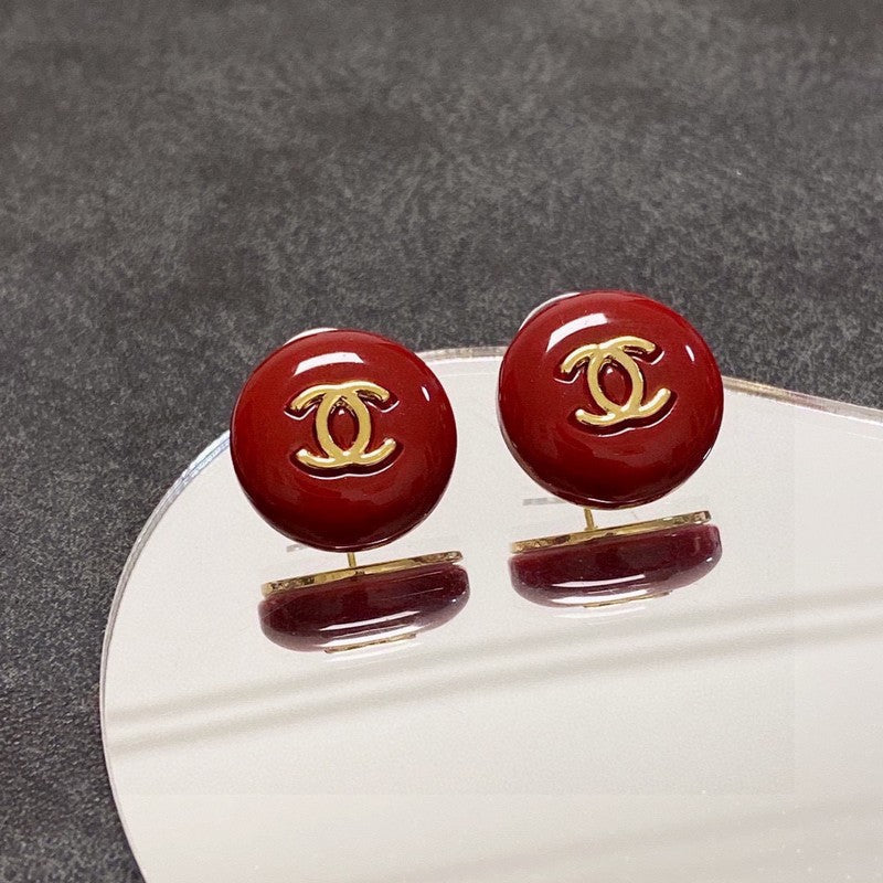 Chanel Wine Red Round Earrings - 18K Yellow Gold