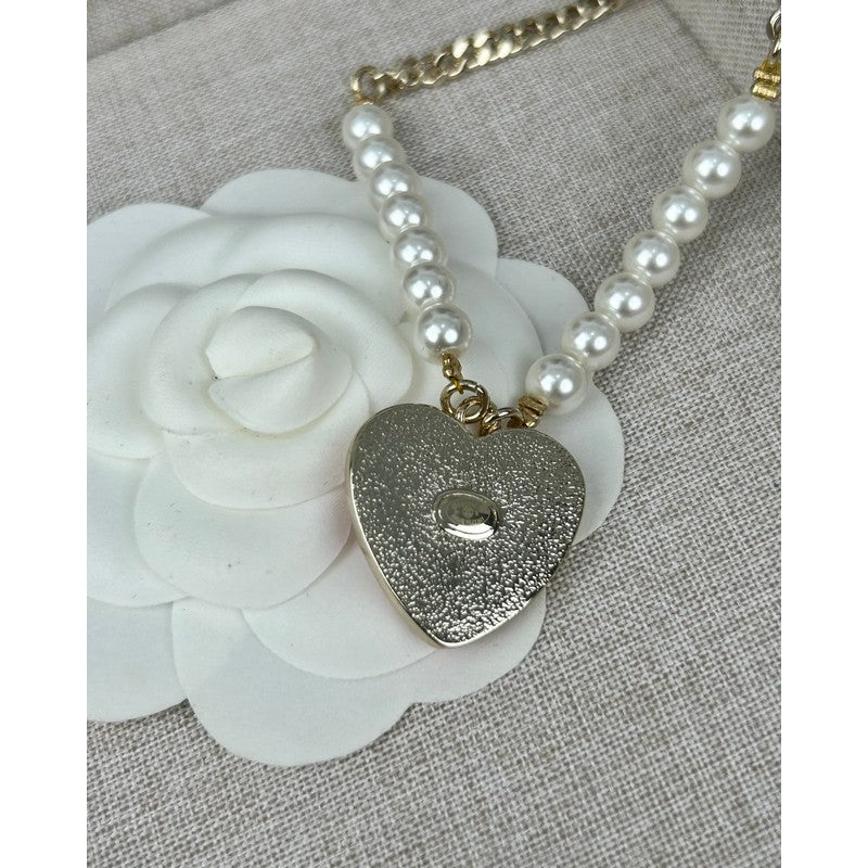 Chanel Pink & Black Heart Pearl Necklace