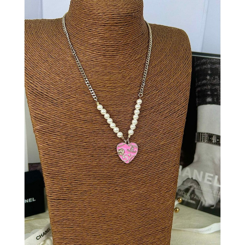 Chanel Pink & Black Heart Pearl Necklace