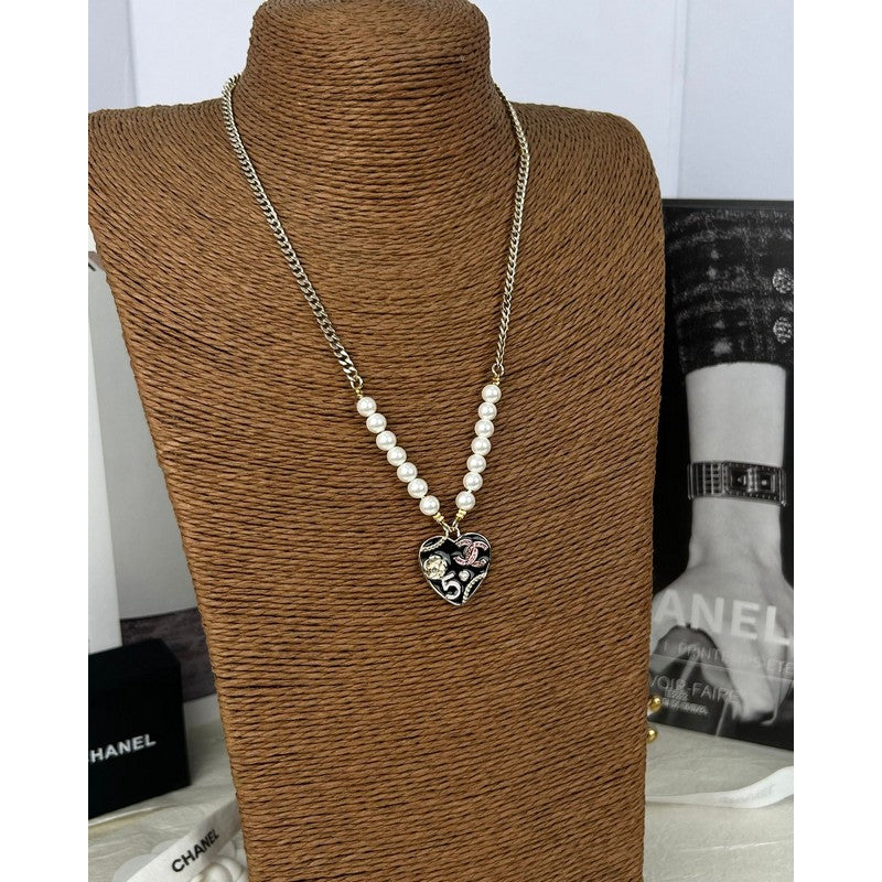 Chanel Pink & Black Heart Pearl Necklace