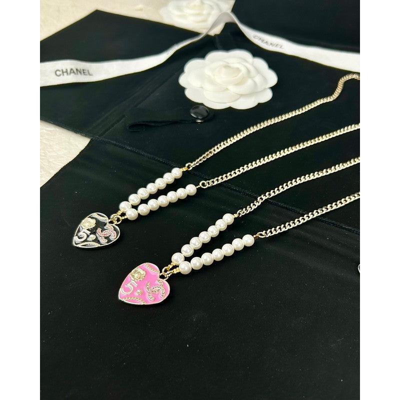 Chanel Pink & Black Heart Pearl Necklace