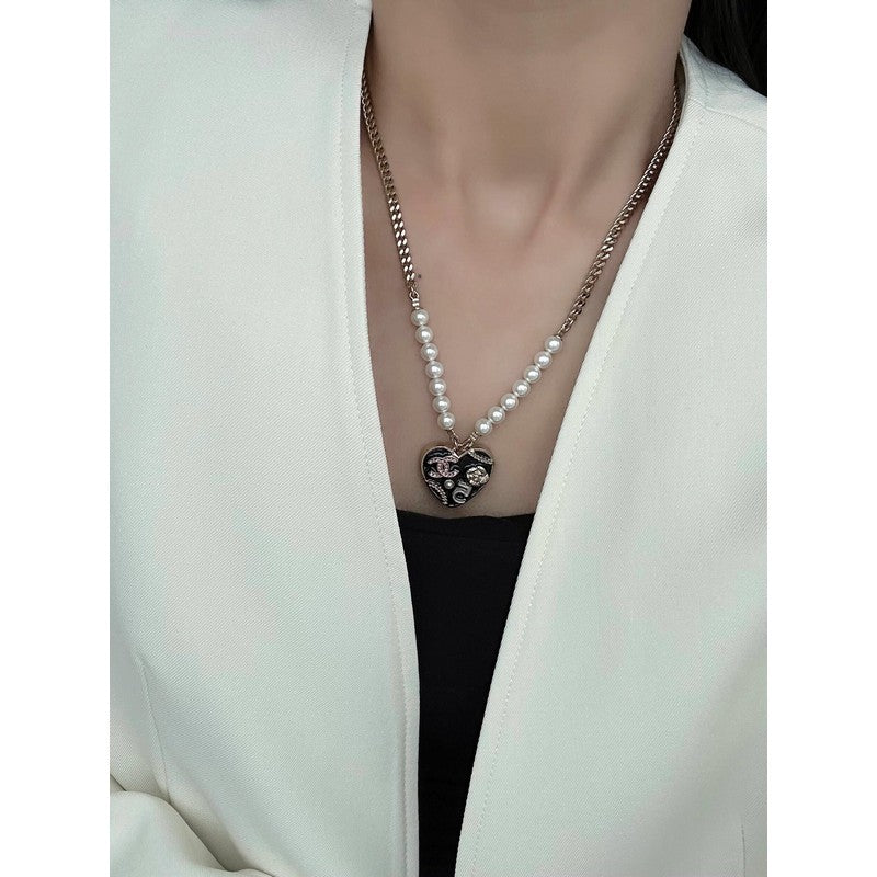 Chanel Pink & Black Heart Pearl Necklace