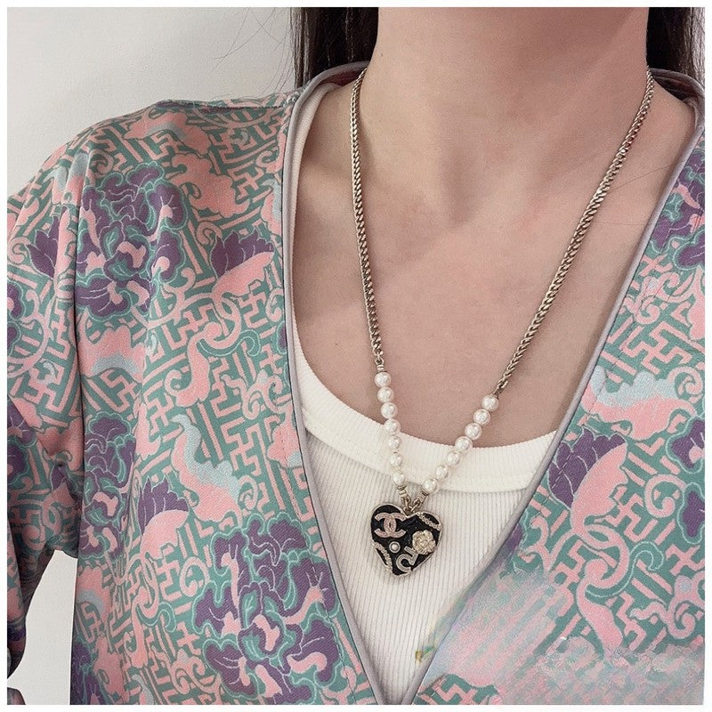 Chanel Pink & Black Heart Pearl Necklace