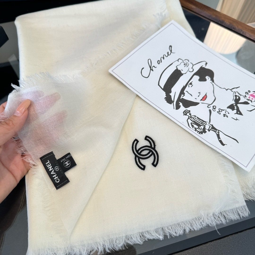 Chanel Ivory Fringed Cashmere Scarf — front