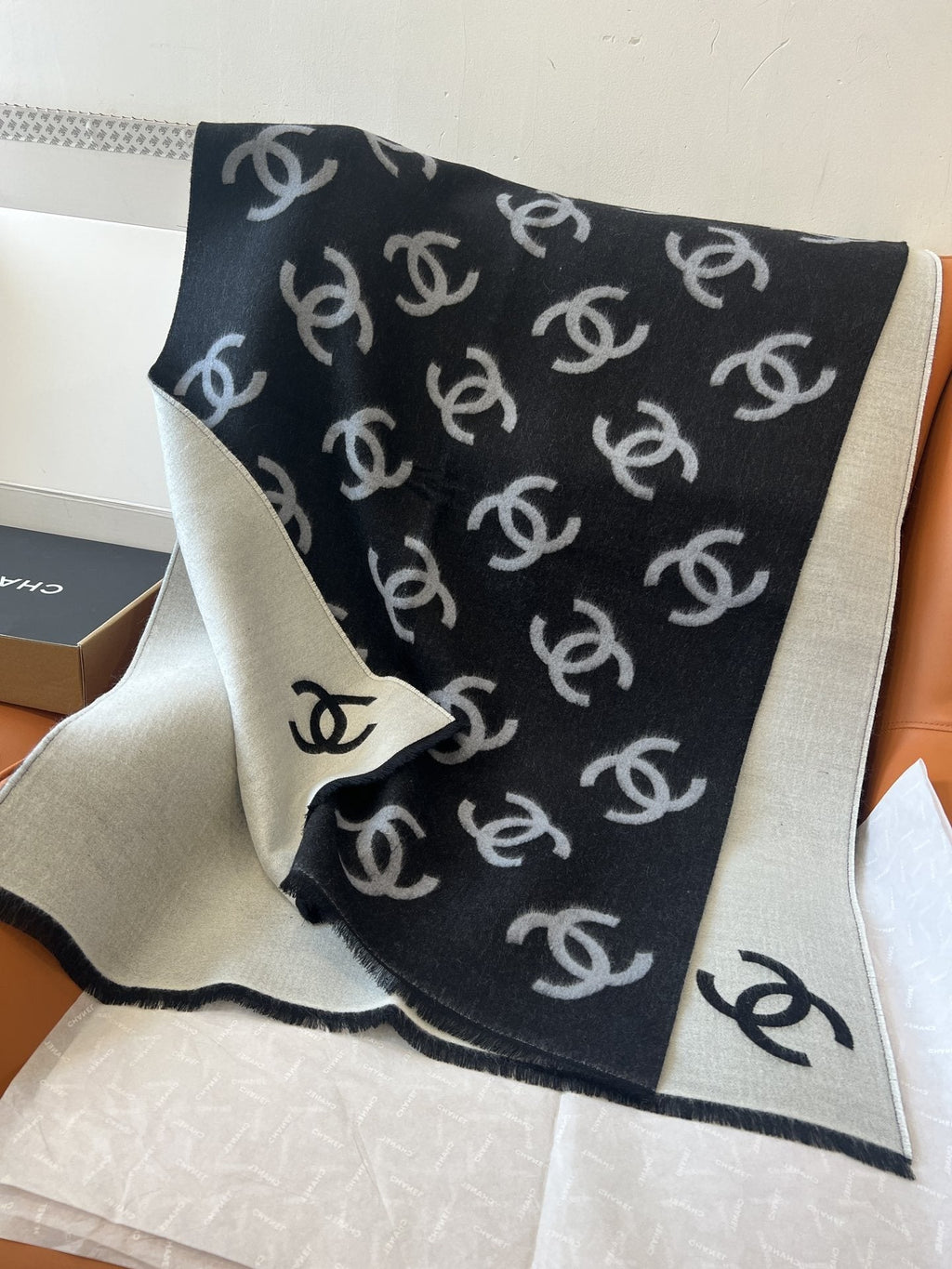 Chanel Reversible Black & Ivory Motif Shawl — hero