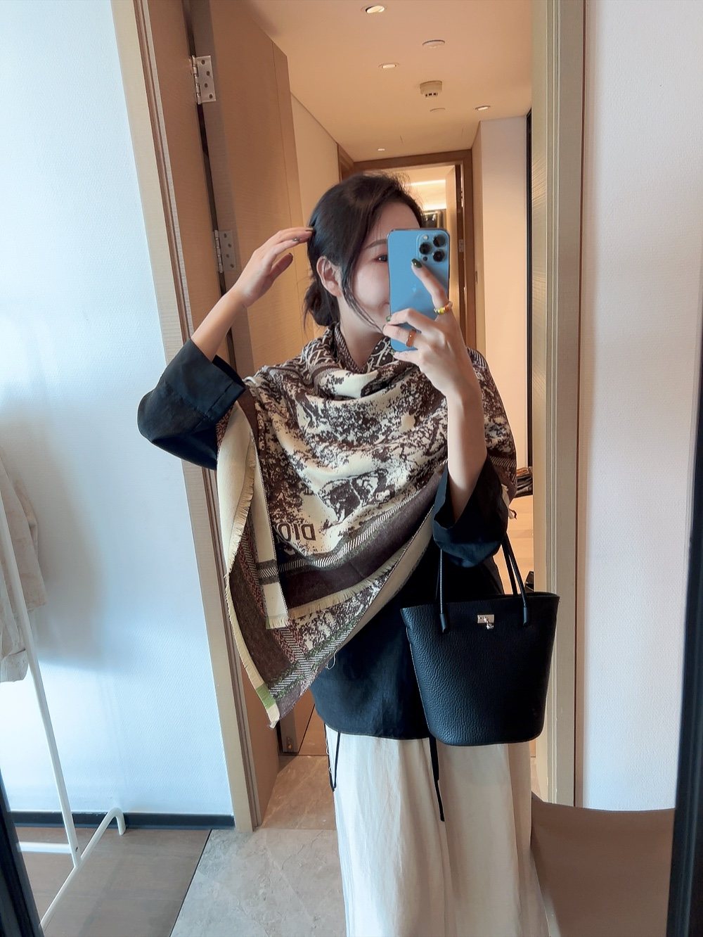 Dior Toile Pattern Fringe Scarf — model