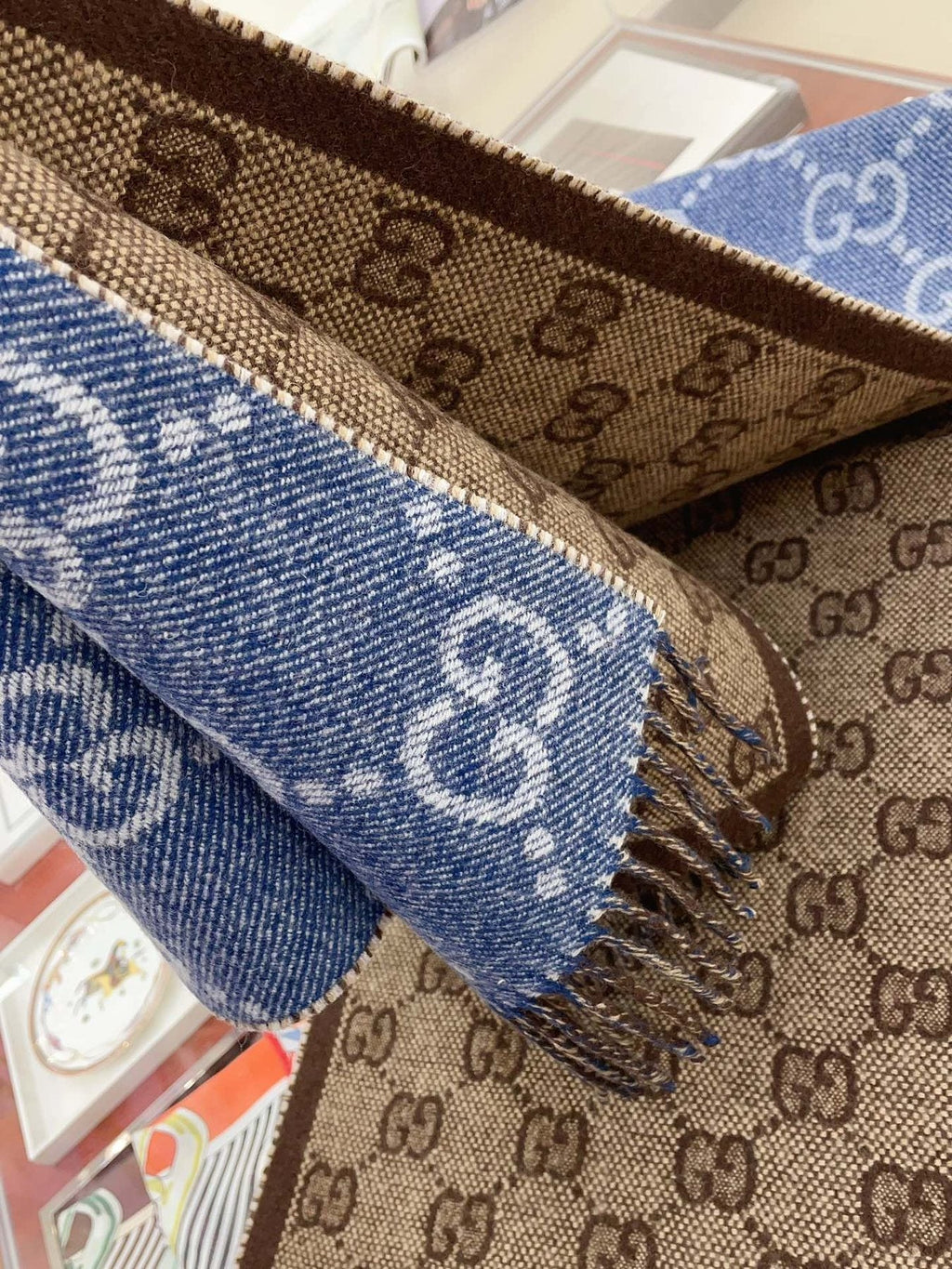 Gucci Blue & Brown Reversible Fringed Scarf — detail
