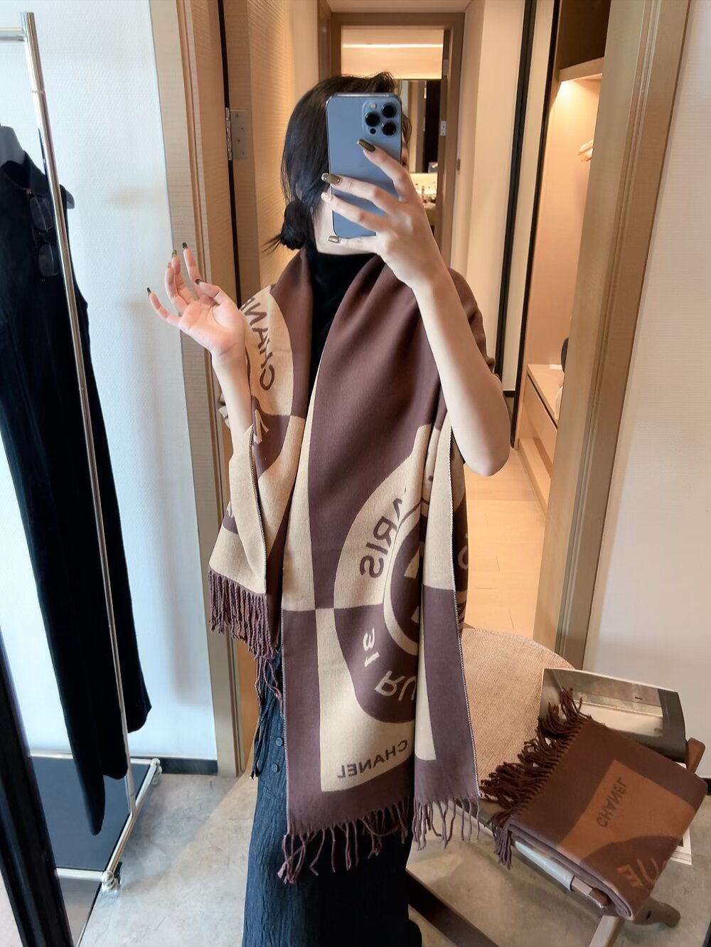 Chanel Fringed Logo Scarf Shawl — model