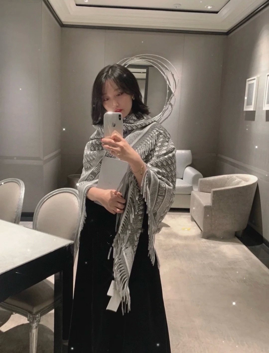 Dior Letter-Pattern Fringed Square Scarf — model