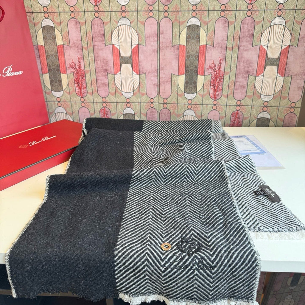 Loro Piana Black & White Herringbone Scarf — side