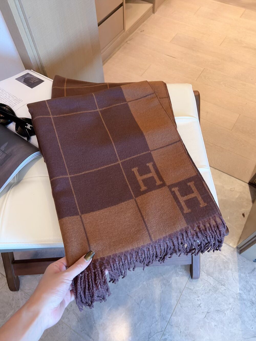 Fringed Grid Motif Scarf — front