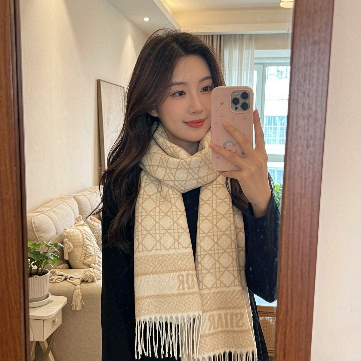 Dior Geometric Fringed Scarf — model